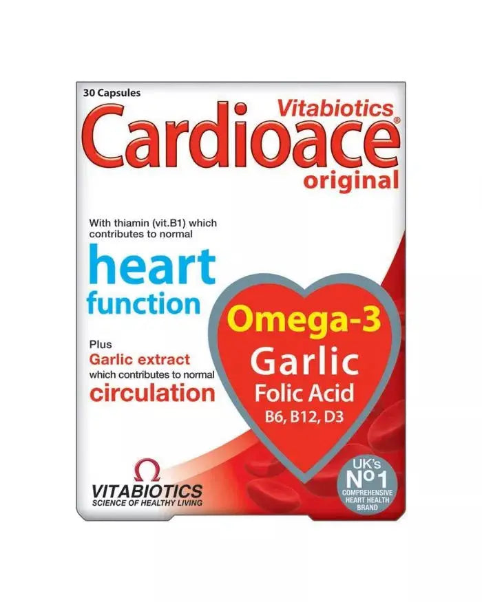 Vitabiotics Cardioace Original Capsules With Omega-3, Folic Acid, Thiamin, & Garlic For Healthy Heart Function, Pack of 30's vitabiotics