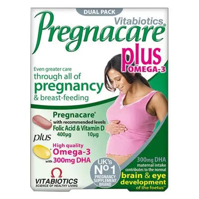 Packaging for Vitabiotics Pregnacare Plus Omega-3, showing a pregnant woman and an empty bottle with capsules. The text highlights folic acid, vitamin D, and omega-3 content.