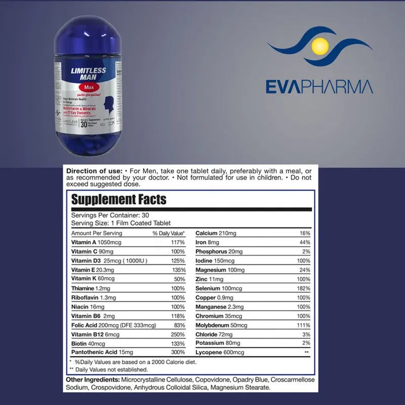 Eva Pharma Limitless Man Max Multivitamins & Minerals Supplement Tablets, Pack of 30's Eva Pharma