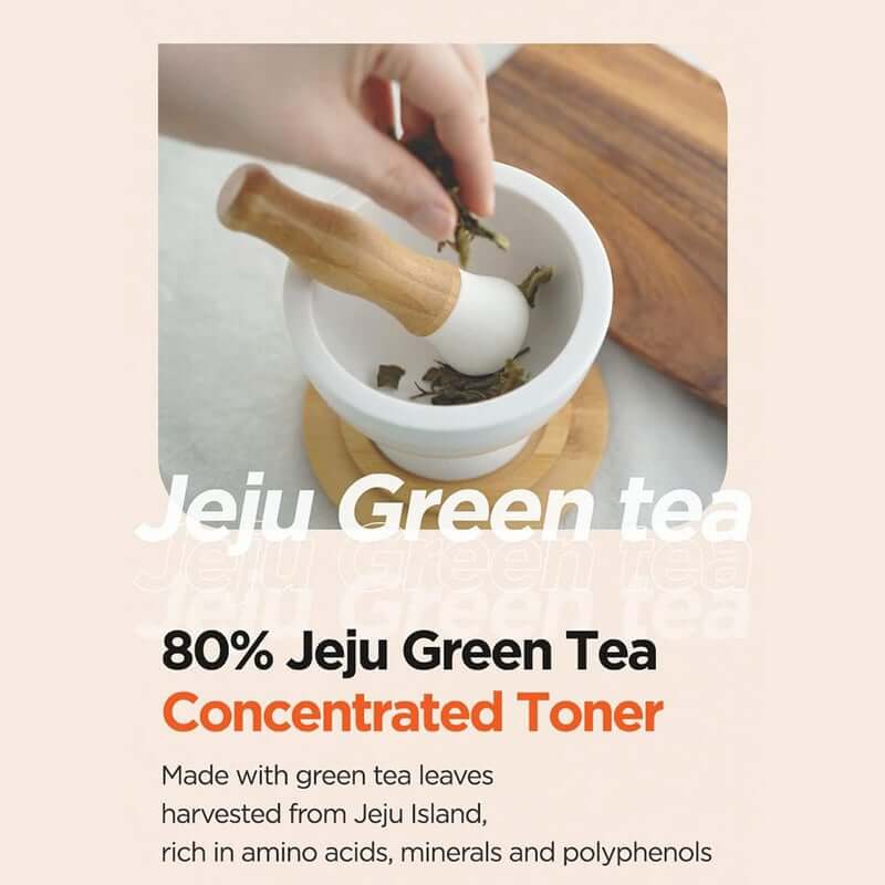 Jeju Green Tea Concentrated Toner with 80% green tea, made from Jeju leaves in a mortar and pestle.