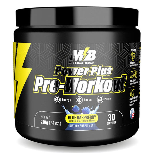 Muscle Bolt Power Plus Pre-Workout Supplement Powder With L- Arginine, Beta Alanine & Creatine Monohydrate - Blue Raspberry 210g Muscle Bolt