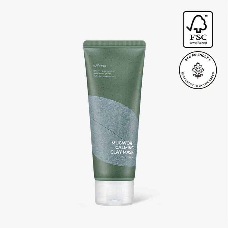 Isntree Mugwort Calming Clay Mask 100ml in eco-friendly packaging for soothing and cleansing all skin types.