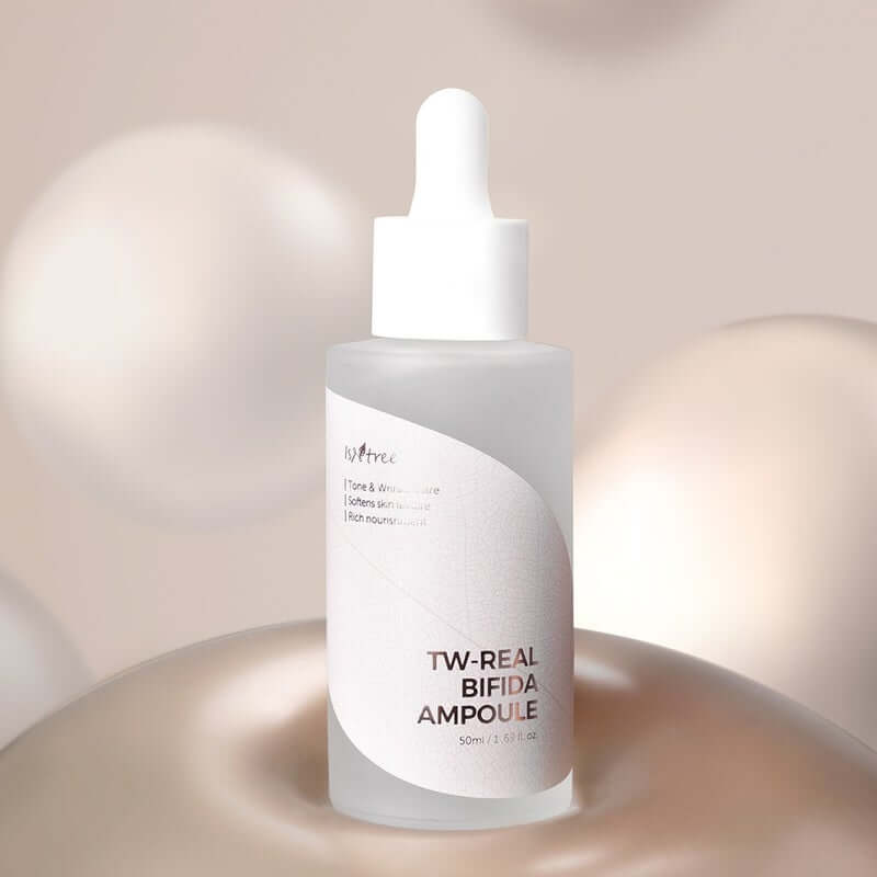 Isntree TW-Real Bifida Facial Ampoule in a glass dropper bottle, designed for tone and wrinkle care, 50ml.
