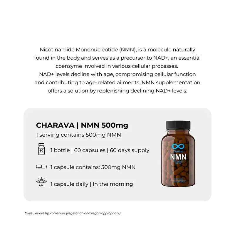 Charava NMN Antiaging Supplement NAD+ Activator 500mg Capsules, Pack of 60's Charava