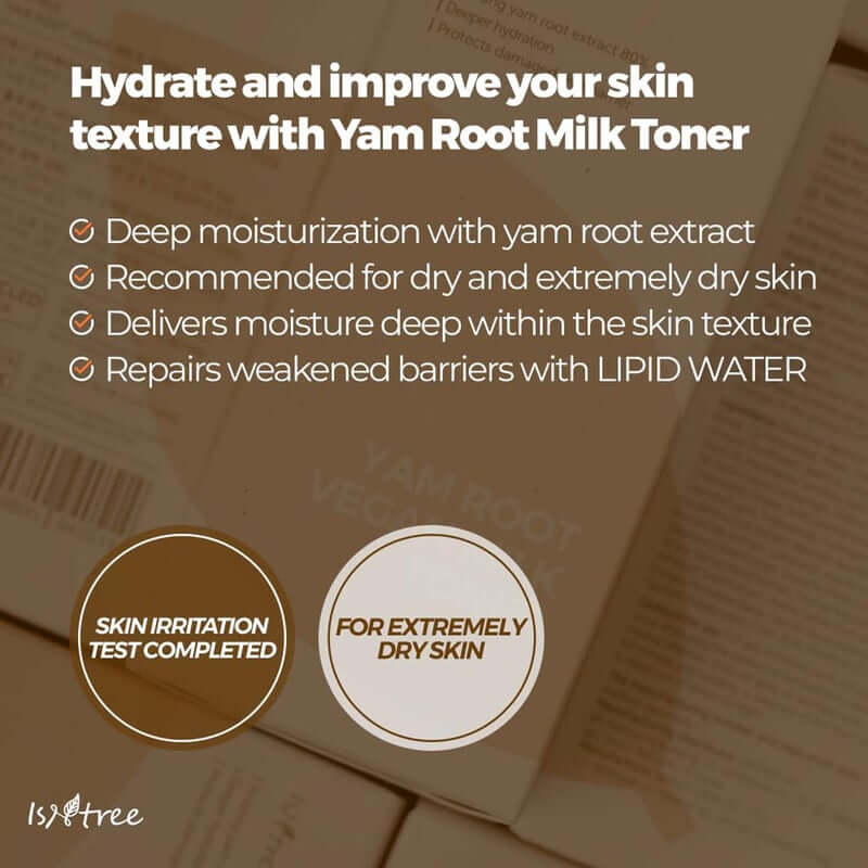 Isntree Yam Root Vegan Milk Toner benefits including hydration, moisture delivery, and barrier repair for dry skin.