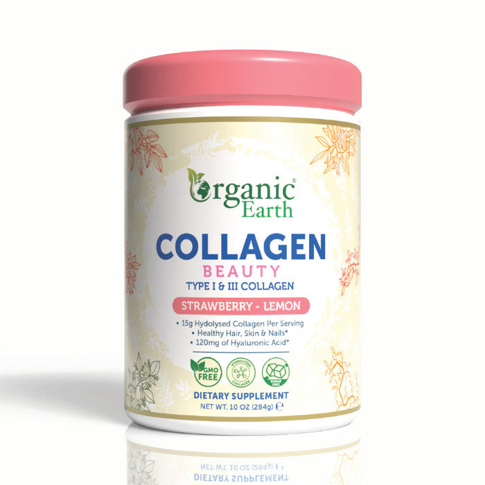 Organic Earth Collagen Beauty Strawberry-Lemon, Hydrolyzed Collagen with Hyaluronic Acid and Vitamin C - 284g