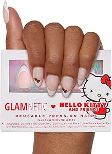 Glamnetic Hello Kitty® White Classic French Tip Short Almond Bow Graphic Nails - 30 Count (Pack of 1) - 15 Sizes - Glossy Finish - Press-On False Nails
