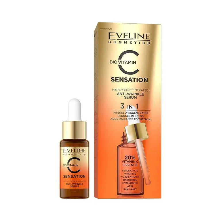 EVELINE COSMETICS Sensation C Face Serum Anti-Wrinkle- 3 In 1 (Intensely Regenerates- Reduces Redness- Adds Radiance To The Skin) - Hydration And Moisturization - Antioxidant Protection 18ml EVELINE