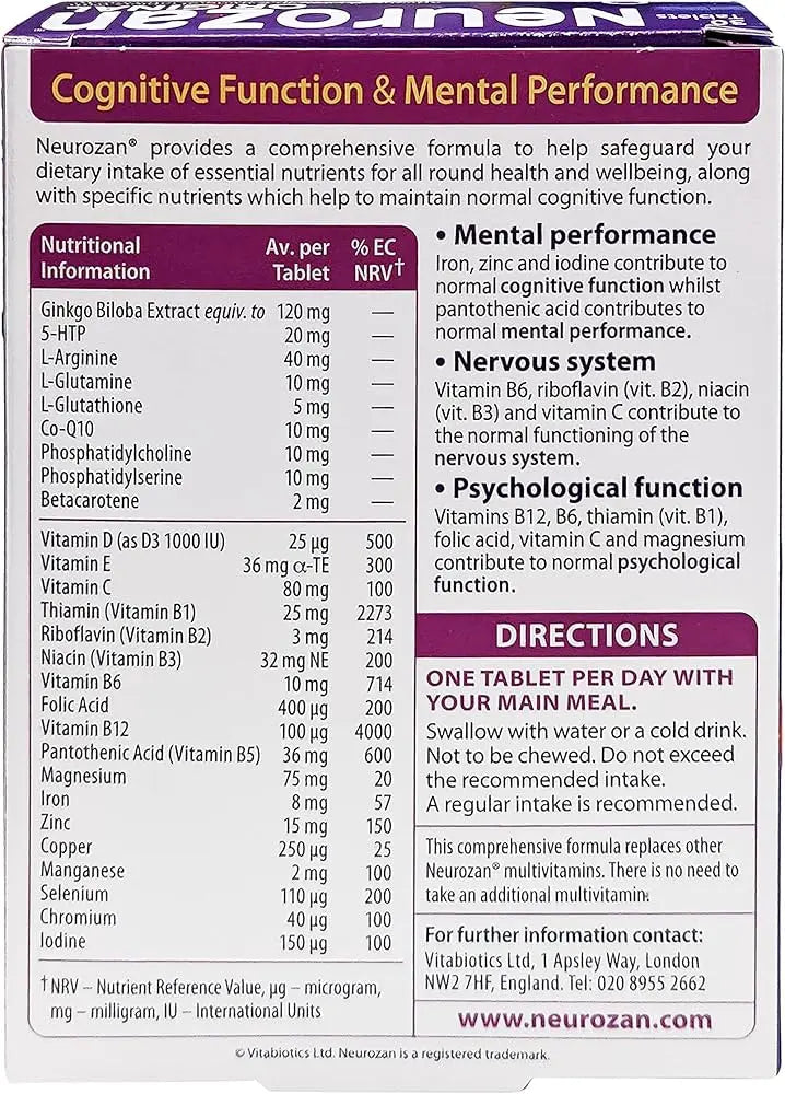 Vitabiotics Neurozan Mind Booster Supplement Tablets For Healthy Mental & Cognitive Function, Pack of 30's vitabiotics