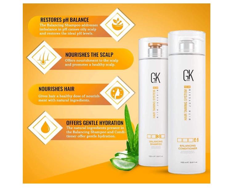 مجموعة شامبو وبلسم GK HAIR Global Keratin Balancing (33.8 أونصة سائلة/1000 مل) للشعر الدهني والمصبوغ، تنظيف عميق مثالي للشعر المُعالج بشكل مفرط والمُجهد بيئيًا