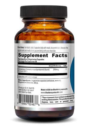 Blueberry Naturals Cinnamon Extract 250mg Vegetarian Capsules For Healthy Blood Sugar Support, Pack of 60's