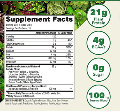 PlantFusion Complete Plant Protein Powder Natural - No Stevia 1Lbs