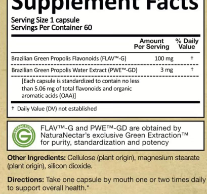 NaturaNectar Green Bee Propolis Vegetable Capsule For Brain, Heart & Immune Support 60's NaturaNectar