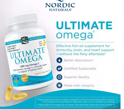 Nordic Naturals Ultimate Omega 3 1280mg Per Serving Fish Oil Supplement Softgels, Pack of 60's