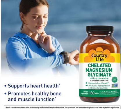 Country Life 400mg Chelated Magnesium Glycinate Tablets For Bone & Muscle Health, Pack of 180's