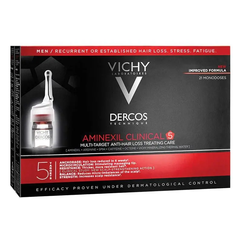 Vichy Dercos Aminexil Clinical 5 Anti-Hair Fall Treatment For Men, Pack of 6ml x 21's Vichy