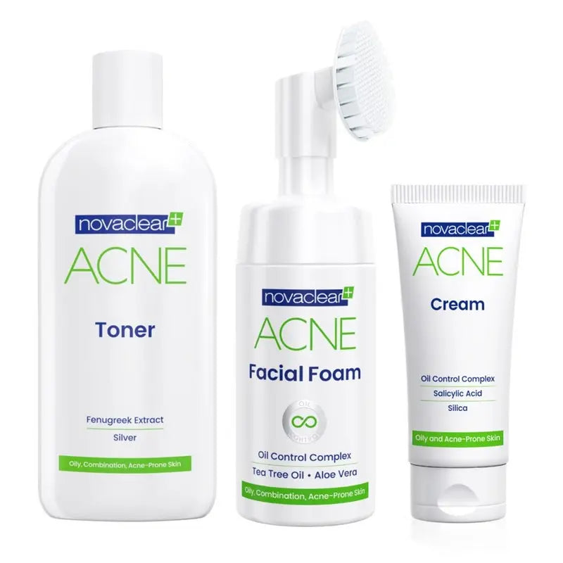 Novaclear Acne Kit With Acne Facial Foam 100ml + Acne Toner 150ml + Acne Cream For Oily, Combination & Acne-Prone Skin 40ml Novaclear