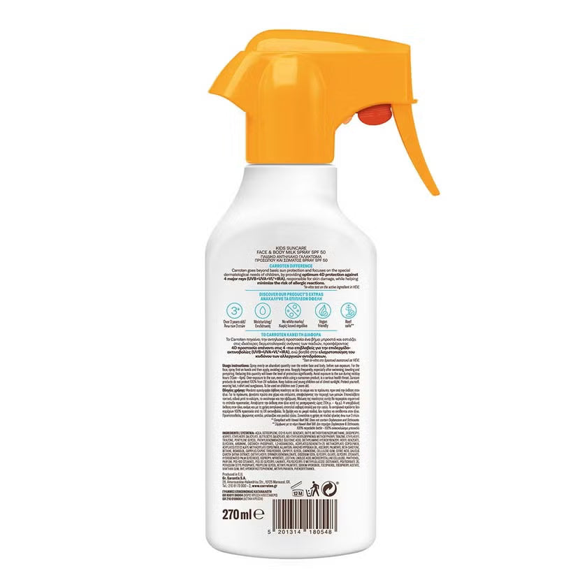 Carroten Kids Protect Suncare SPF50 Face & Body Milk Sunscreen Spray For 3+ Years 270ml