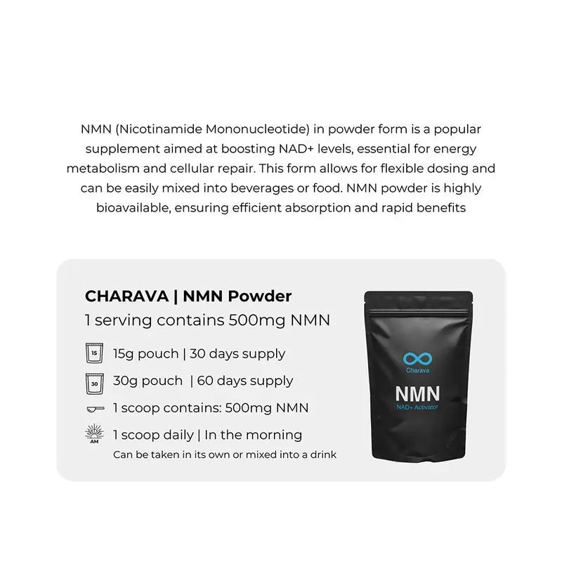 Charava NMN Antiaging Supplement NAD+ Activator Powder 30g - 60 Servings Charava