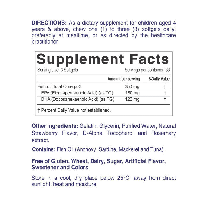 Nordic Sunshine Daily Omega-3 Kids 350mg, Brain, Eye & Immune Support - 100 Chewable Softgels