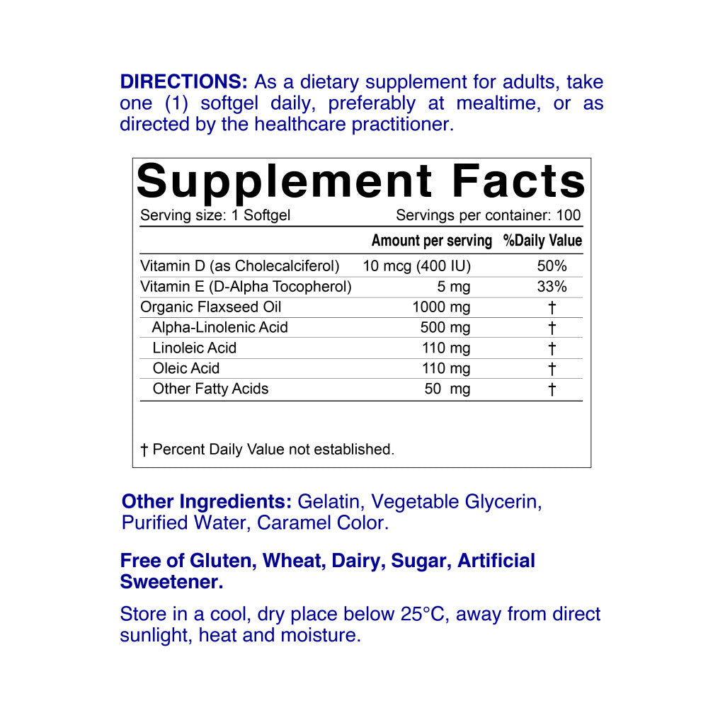 Nordic Sunshine Omega 3-6-9 Flaxseed Oil 1000mg, ALA-Rich Plant-Based Formula with Vitamin D & E for Heart, Brain -100 Softgels