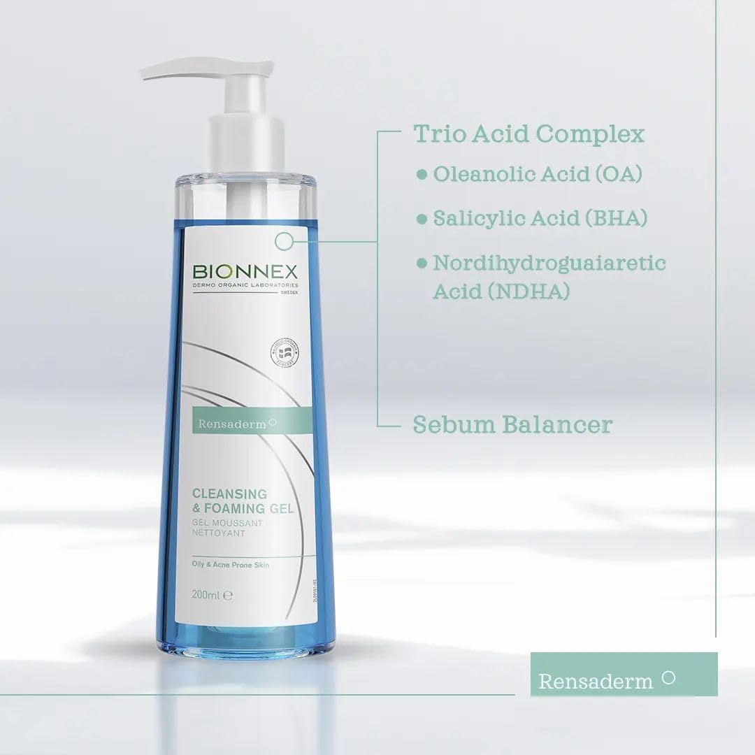 Bionnex Rensaderm Cleansing & Foaming Gel Cleanser for Oily and Acne-Prone Skin with Trio-Acid Complex - 200ml
