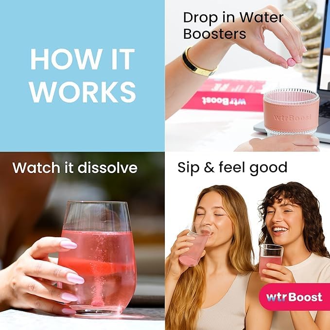 WTR Boost Hydration Booster Bundle with Black Stainless Steel Bottle – Includes 4 Functional Effervescent Boosters + Yellow Glass Straw