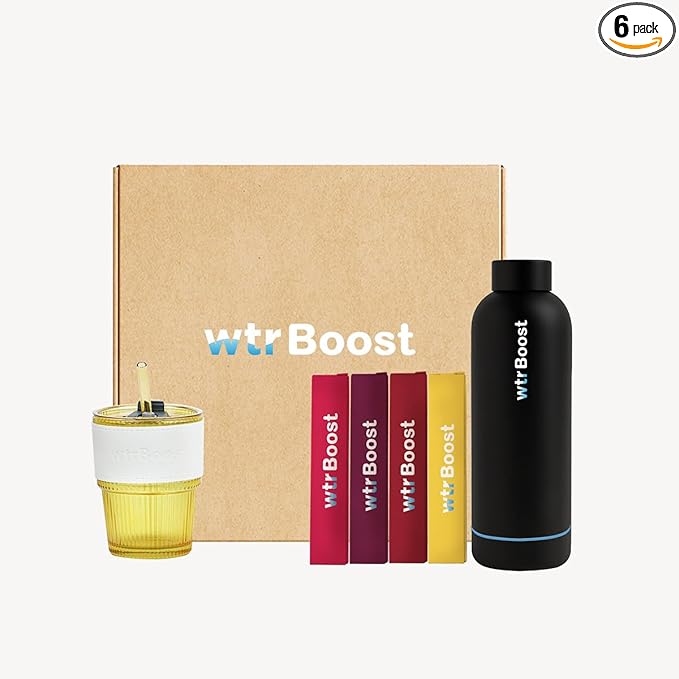 WTR Boost Hydration Booster Bundle with Black Stainless Steel Bottle – Includes 4 Functional Effervescent Boosters + Yellow Glass Straw