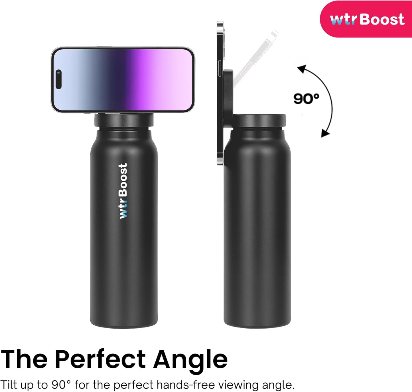 WTR Boost Black Insulated Stainless Steel Water Bottle with Mobile Holder,  Flask for Hot or Cold Beverages - 500ml