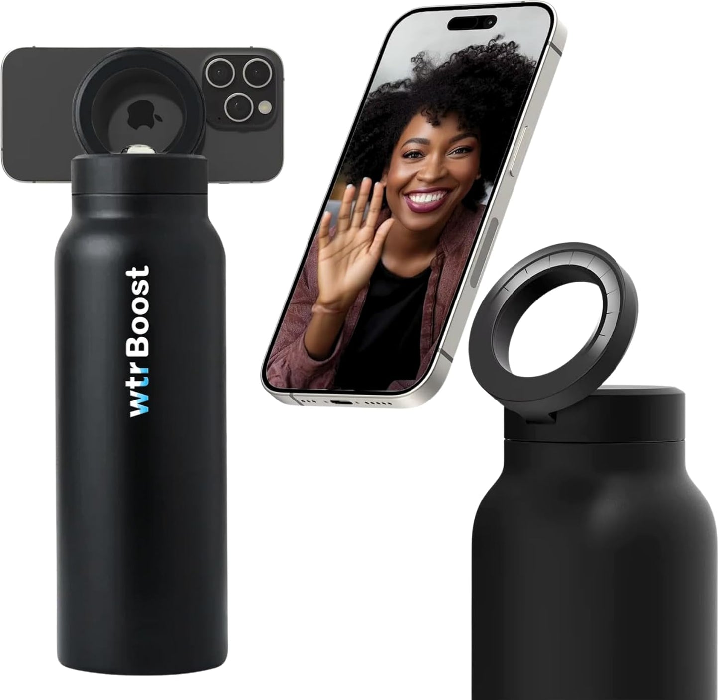 WTR Boost Black Insulated Stainless Steel Water Bottle with Mobile Holder,  Flask for Hot or Cold Beverages - 500ml