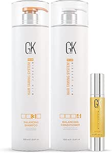 مجموعة شامبو وبلسم GK HAIR Global Keratin Balancing (33.8 أونصة سائلة/1000 مل) مع مصل مضاد للتجعد وزيت الأرغان (1.69 أونصة سائلة/50 مل) لإصلاح الشعر الجاف والتالف - لجميع أنواع الشعر، خالية من الكبريتات والبارابين للجنسين
