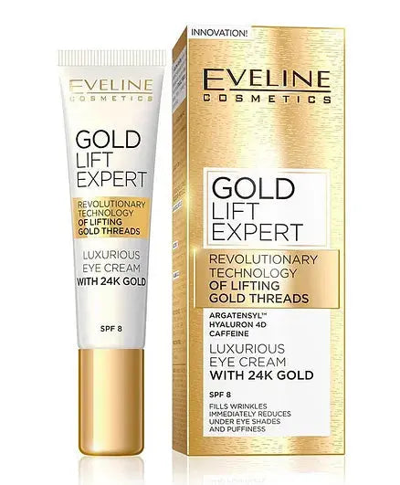 Eveline Cosmetics Gold Lift Expert Eye Cream With 24K Gold Spf 8, Anti-Aging Eye Treatment With Argatensyl And Hyaluron 4D 15ml Eveline