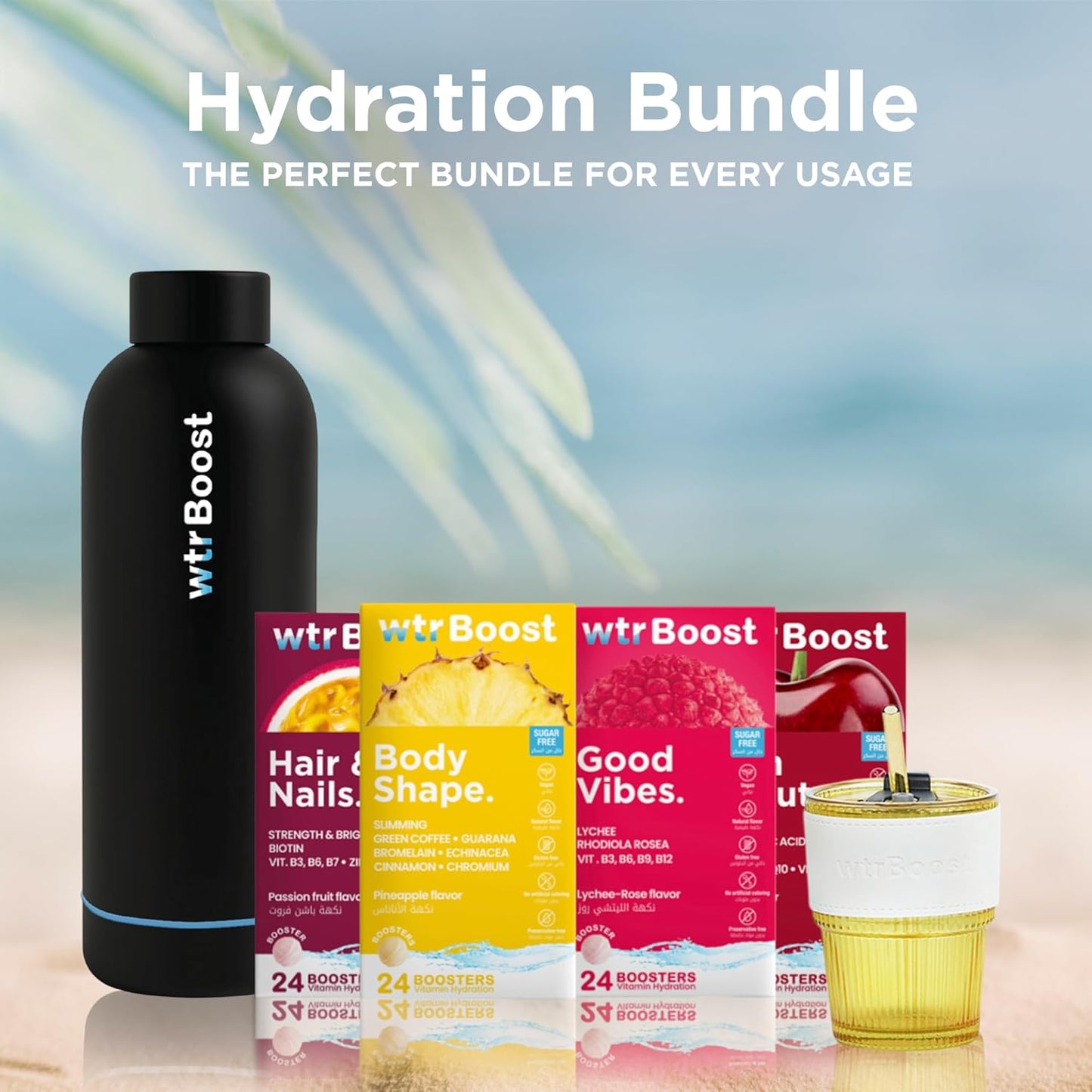 WTR Boost Hydration Booster Bundle with Black Stainless Steel Bottle – Includes 4 Functional Effervescent Boosters + Yellow Glass Straw