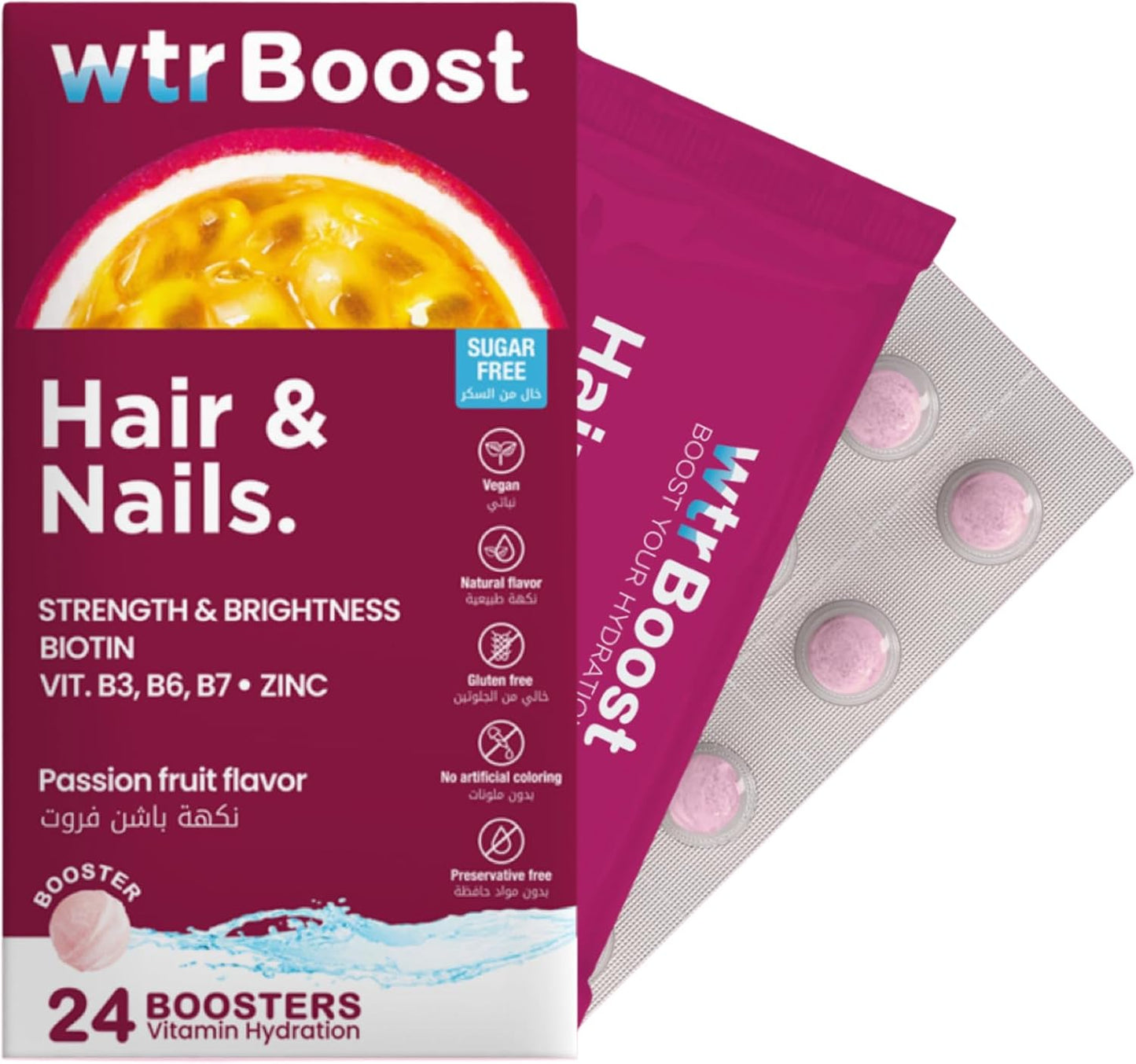 WTR Boost Hair & Nails Hydration, Strength & Shine, Passion Fruit flavor - 24 Tablets
