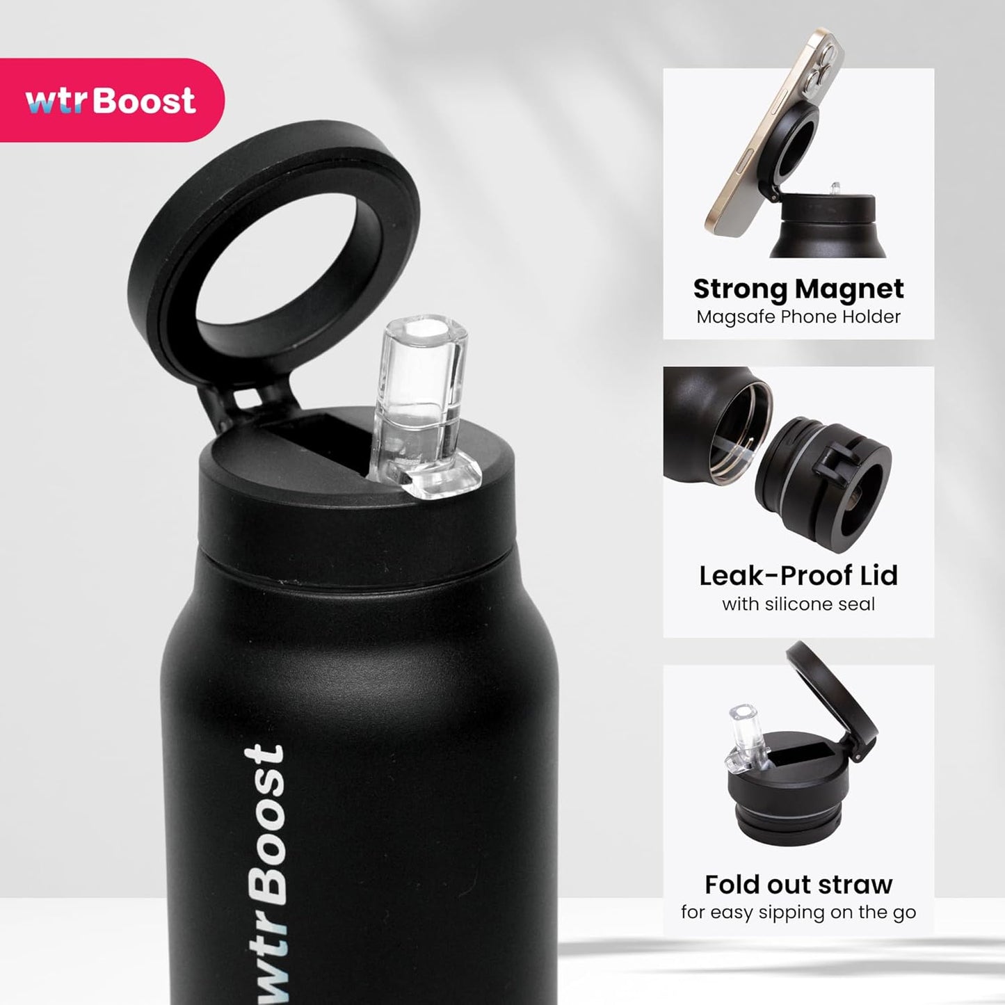 WTR Boost Black Insulated Stainless Steel Water Bottle with Mobile Holder,  Flask for Hot or Cold Beverages - 500ml