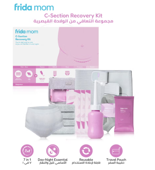 C-Section Recovery Kit | Postpartum Essentials for Healing & Comfort | Includes Abdominal Binder, Peri Bottle, Disposable Underwear, Shower Wipes & Scar Patches frida mom