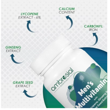 Ambrosial Men's Multivitamin with Lycopene, Ginseng & Grape Seed Extract (Pack of 1-120 Tablets) ambrosial