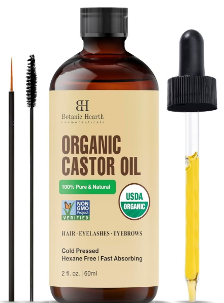 Organic Castor Oil | 60 ML | USDA Certified Organic |100% Pure & Hexane Free | Cold Pressed | Growth for Eyelashes, Eyebrows, Hair | With Eyebrow & Eyelash Brush | botanic
