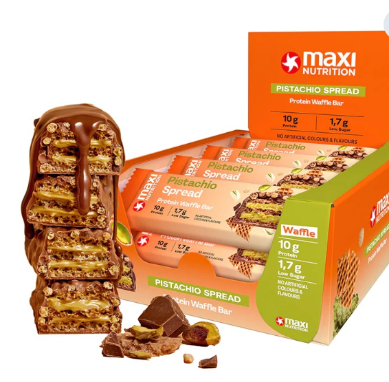 Maxi Nutrition Protein Waffle Pistachio 39g, 10g Protein, Low Sugar, No Artificial Colours or Flavours – Pack of 12 pcs maxi nutrition