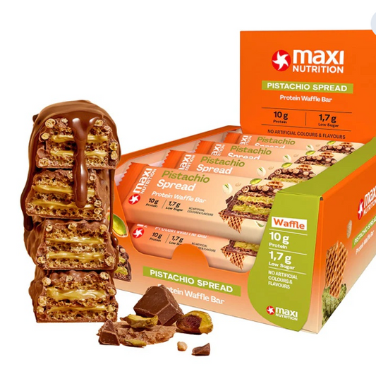 Maxi Nutrition Protein Waffle Pistachio 39g, 10g Protein, Low Sugar, No Artificial Colours or Flavours – Pack of 12 pcs maxi nutrition