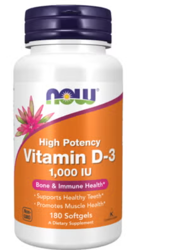Now High Potency Vitamin D3 1000IU Softgels For Strong Bones & Immune Support, Pack of 180's