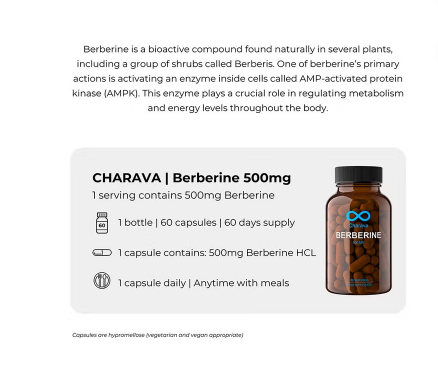 Charava Berberine 500mg Capsules For Diabetic Support & Heart Health, Pack of 60’s