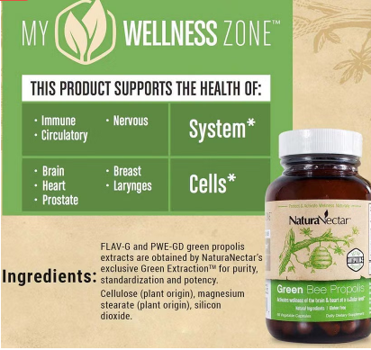 NaturaNectar Green Bee Propolis Vegetable Capsule For Brain, Heart & Immune Support 60's NaturaNectar