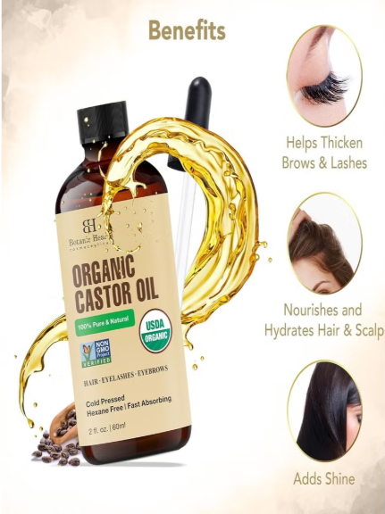 Organic Castor Oil | 60 ML | USDA Certified Organic |100% Pure & Hexane Free | Cold Pressed | Growth for Eyelashes, Eyebrows, Hair | With Eyebrow & Eyelash Brush | botanic