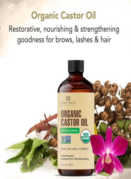 Organic Castor Oil | 60 ML | USDA Certified Organic |100% Pure & Hexane Free | Cold Pressed | Growth for Eyelashes, Eyebrows, Hair | With Eyebrow & Eyelash Brush | botanic