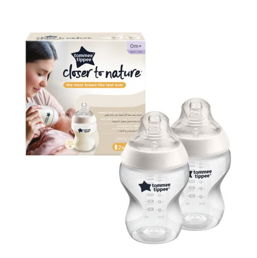 Pack Of 2 Closer To Nature Baby Feeding Bottles With Anti-Colic Valve, Slow-Flow, 0 Months +, 2 X 260 ML, Clear Tommee Tippee