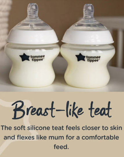 Pack Of 2 Closer To Nature Baby Feeding Bottles With Anti-Colic Valve, Slow-Flow, 0 Months +, 2 X 260 ML, Clear Tommee Tippee