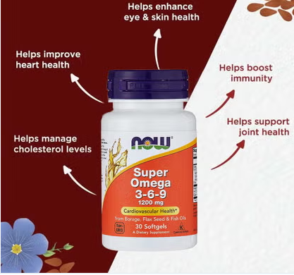 Now Super Omega 3 6 9 Flaxseed Oil, Borage Seed Oil, Fish Oil Supplement Softgels, Pack of 30's