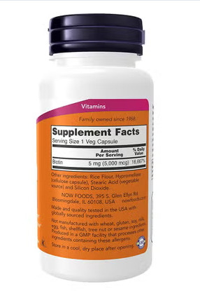 Now Biotin 5000 mcg Vegetarian Capsules For Energy Production, Pack of 60's