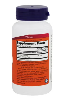 Now C-500 Vitamin C With Rose Hips Tablets For Antioxidant Support, Pack of 100's